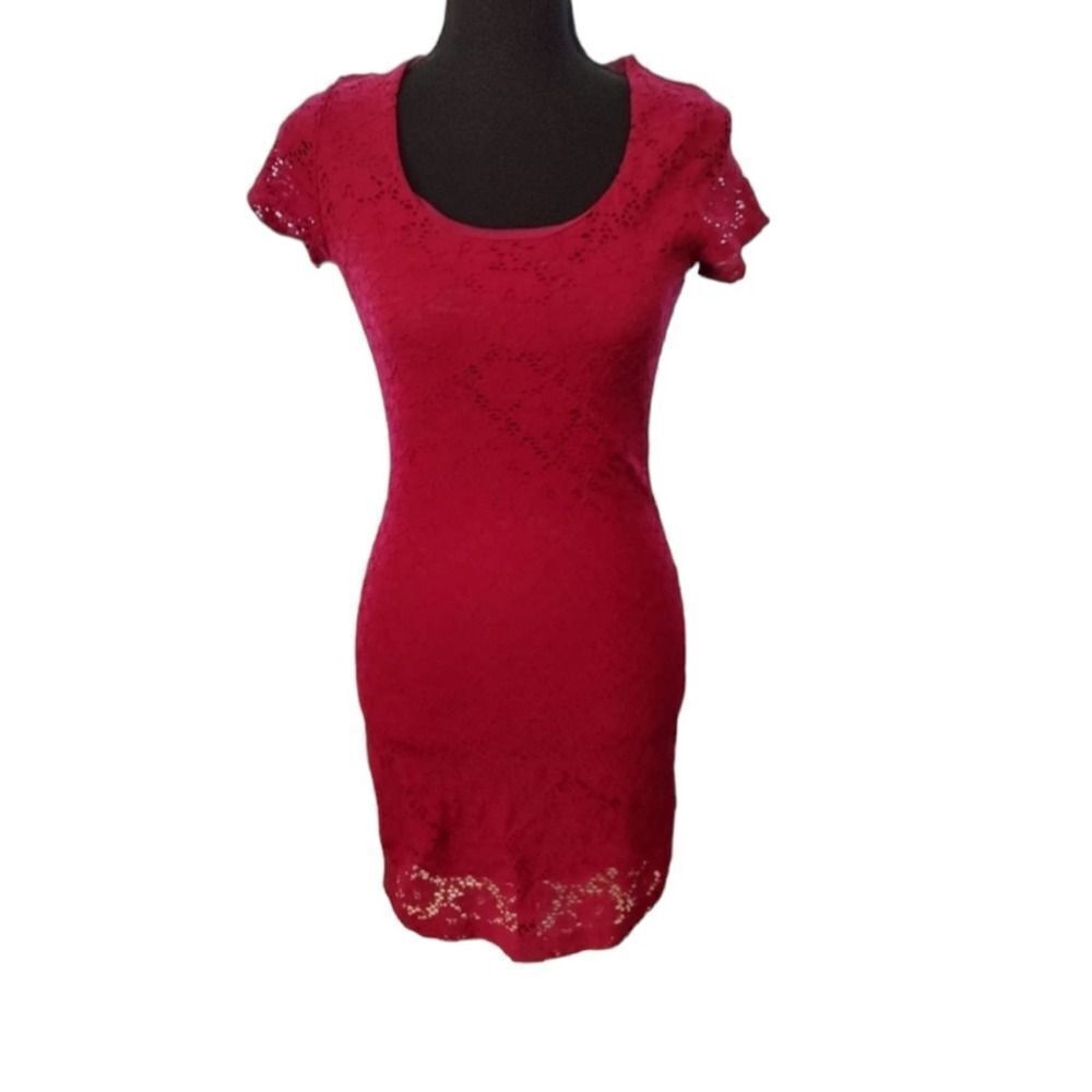 Lace Magenta Short Sleeve Mini Dress Tight Fitted Bodycon Small